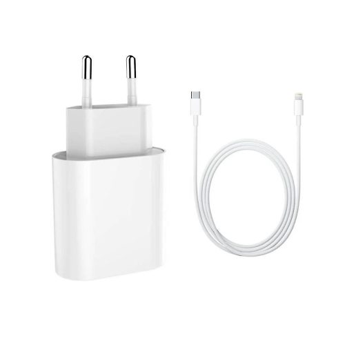 Hálózati töltőfej, adapter, Type-C port + iPhone 8pin, lightning adatkábel, 20W, fehér, iPhone 11 / 12 / 13 szériához
