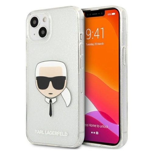 Karl Lagerfeld iPhone 13 Mini "Karl Head" mintás csillámos ezüst hátlap tok