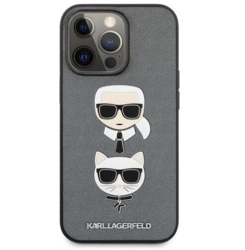 Karl Lagerfeld iPhone 13 Pro "Saffiano Karl and Choupette Head" mintás szürke hátlap tok
