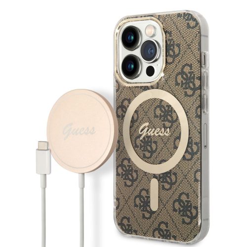 iPhone 14 Pro hátlap tok, MagSafe kompatibilis, Mag Cover, vezeték nélküli töltővel, barna, GUESS, BUGUHMP14LH4EACSW