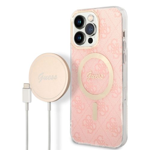 iPhone 14 Pro hátlap tok, MagSafe kompatibilis, Mag Cover, vezeték nélküli töltővel, rózsaszín, GUESS, BUGUHMP14LH4EACSP