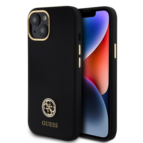 iPhone 15 Pro hátlap tok, szilikon, fekete, GUESS Liquid Silicone 4G Strass Metal Logo (GUHCP15LM4DGPK)