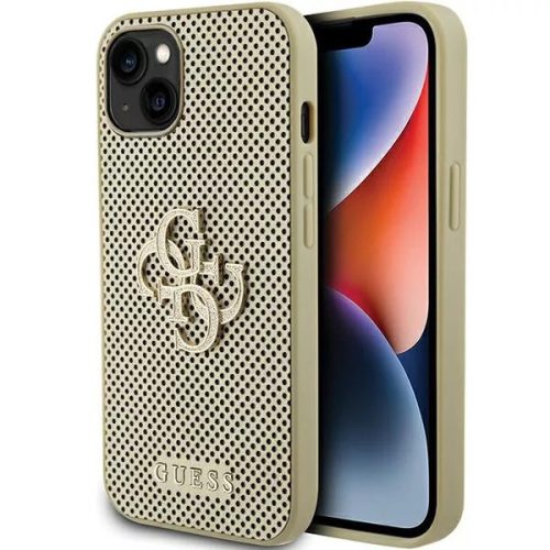 iPhone 15 Pro Max hátlap tok, PU, arany, GUESS Perforated 4G Glitter Metal Logo (GUHCP15XPSP4LGD)