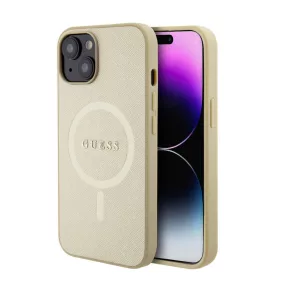   iPhone 15 Pro hátlap tok, PU, magsafe, arany, GUESS Saffiano MagSafe (GUHMP15LPSAHMCB)