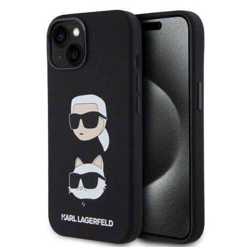 iPhone 15 hátlap tok, szilikon, fekete, Karl Lagerfeld Karl and Choupette Heads (KLHCP15SSDHKCNK)