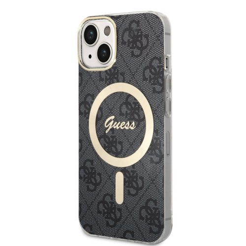 iPhone 15 Pro hátlap tok, PU, magsafe, fekete/arany, GUESS IML 4G MagSafe (GUHMP15LH4STK)