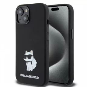   iPhone 15 hátlap tok, szilikon, fekete, Karl Lagerfeld Liquid Silicone Choupette (KLHCP15SSNCHBCK)