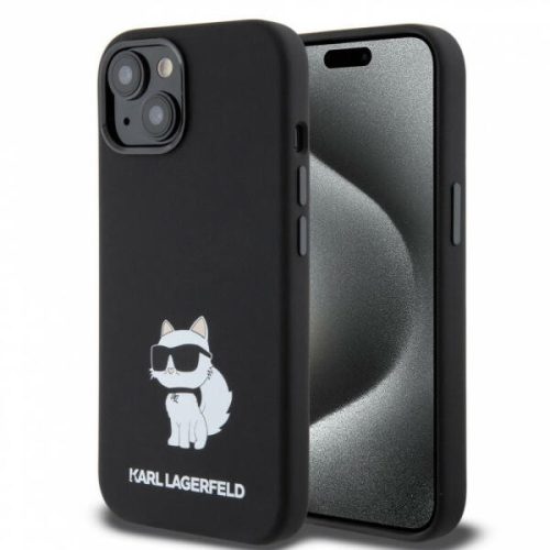 iPhone 15 hátlap tok, szilikon, fekete, Karl Lagerfeld Liquid Silicone Choupette (KLHCP15SSNCHBCK)