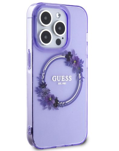 iPhone 15 Pro hátlap tok, PC/TPU, magsafe, lila, GUESS Flowers Ring Glossy Logo MagSafe (GUHMP15LHFWFCU)