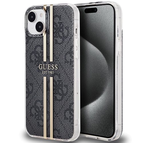 iPhone 15 hátlap tok, PU, fekete/átlátszó, GUESS IML 4G Gold Stripe (GUHCP15SH4PSEGK)