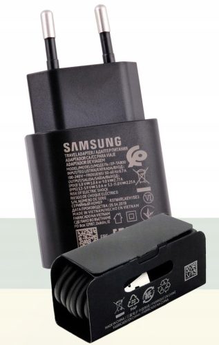 Hálózati töltőfej, adapter, Type-C port + Type-C adatkábel, töltőkábel, gyorstöltő, Fast Charge, 25W, fekete, gyári, Samsung EP-TA800EBE + DG977BBE