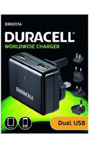 Hálózati töltőfej, adapter, 2 USB port, (1A 2,4A) EU, UK, US, AU fejjel, fekete, Duracell DR6001A
