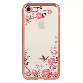   Huawei Mate 20 szilikon tok, hátlaptok, telefon tok, köves, virág mintás, rose gold keretes, átlátszó