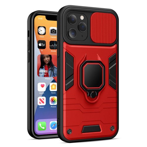 iPhone 14 hátlap tok, telefon tok, ütésálló, kamera védővel, kitámaszható, piros-fekete, Ring Lens