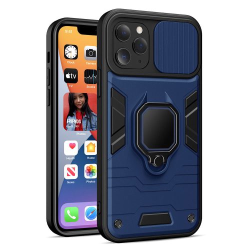 iPhone 14 Plus hátlap tok, telefon tok, ütésálló, kamera védővel, kitámaszható, kék-fekete, Ring Lens