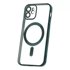   iPhone 12 szilikon tok, hátlaptok, telefon tok, MagSafe kompatibilis, átlátszó, zöld kerettel, kamera védelemmel, Color Chrome Mag