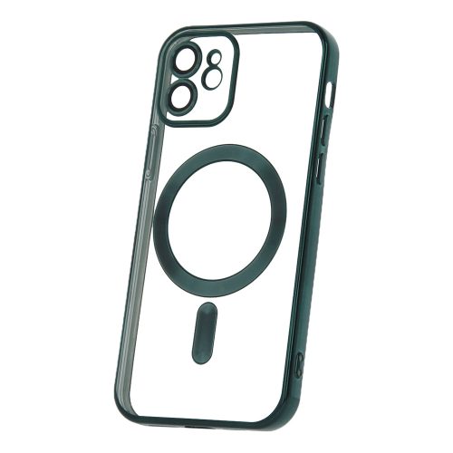 iPhone 12 szilikon tok, hátlaptok, telefon tok, MagSafe kompatibilis, átlátszó, zöld kerettel, kamera védelemmel, Color Chrome Mag