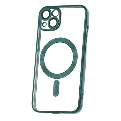 iPhone 14 szilikon tok, hátlaptok, telefon tok, MagSafe kompatibilis, átlátszó, zöld kerettel, kamera védelemmel, Color Chrome Mag