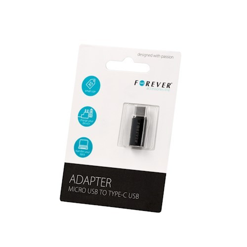 Adapter, Micro USB -> Type-C, fekete, Forever