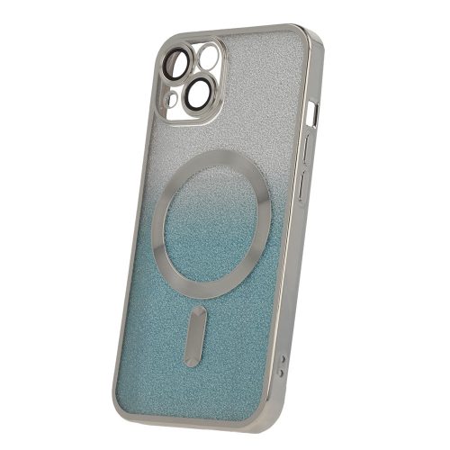 iPhone 15 Plus szilikon tok, hátlaptok, telefon tok, MagSafe kompatibilis, kamera védelem, csillámos, ezüst-kék, Glitter Chrome Mag