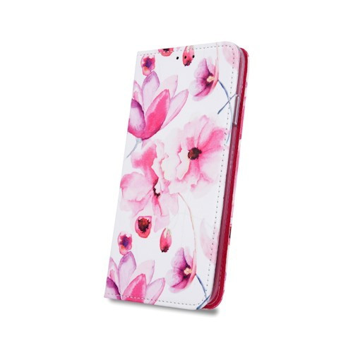 iPhone XS Max könyvtok, fliptok, telefon tok, mágneszáras, bankkártyatartós, virág mintás, fehér, Pink Flowers