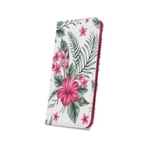   iPhone XS Max könyvtok, fliptok, telefon tok, mágneszáras, bankkártyatartós, virág mintás, fehér, Exotic flower