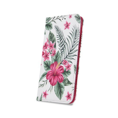 iPhone XS Max könyvtok, fliptok, telefon tok, mágneszáras, bankkártyatartós, virág mintás, fehér, Exotic flower