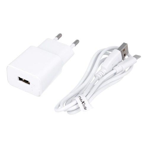 Hálózati töltőfej, adapter + USB-C (Type-C) adatkábel, töltőkábel, 1m 1A, fehér, Maxlife MXTC-01