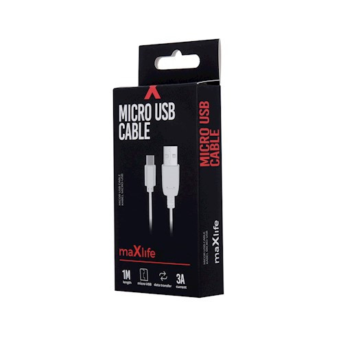 Micro USB adatkábel, töltőkábel, fehér, 3A 1m, Maxlife