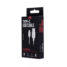   USB-C (Type-C) adatkábel, töltőkábel, USB-USB-C, gyors töltő, fast charge, fehér, 3A 1m, Maxlife