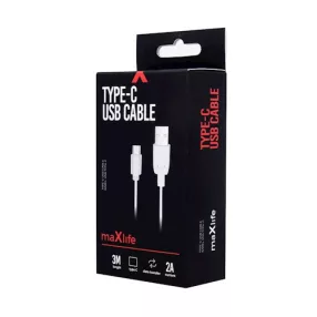   USB-C (Type-C) adatkábel, töltőkábel, USB-USB-C, gyors töltő, fast charge, 2A 3m, fehér, Maxlife
