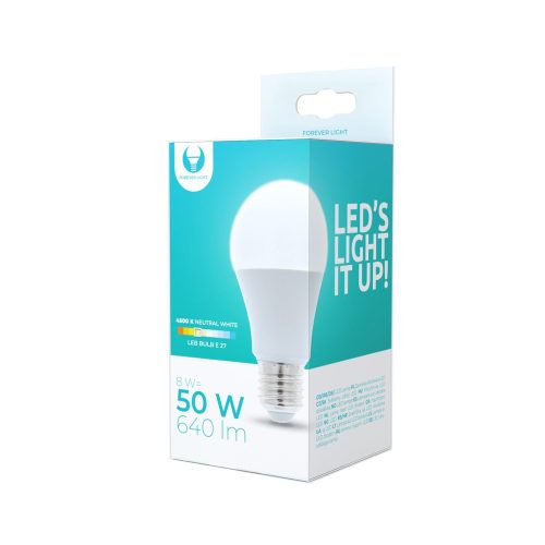 LED izzó E27 / A60, 8W, 4500K, 640lm, semleges fehér fény, Forever Light