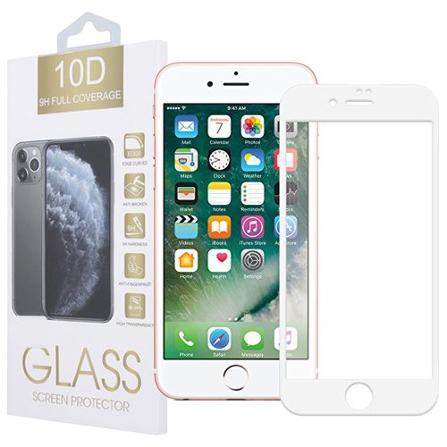 iPhone 7 Plus / 8 Plus üvegfólia, tempered glass, előlapi, 10D, edzett, hajlított, fehér kerettel
