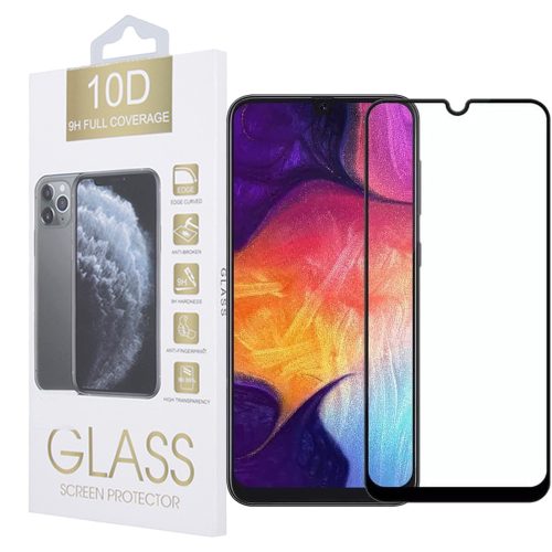 Samsung Galaxy A50 / A30s üvegfólia, tempered glass, előlapi, 10D, edzett, hajlított, fekete kerettel