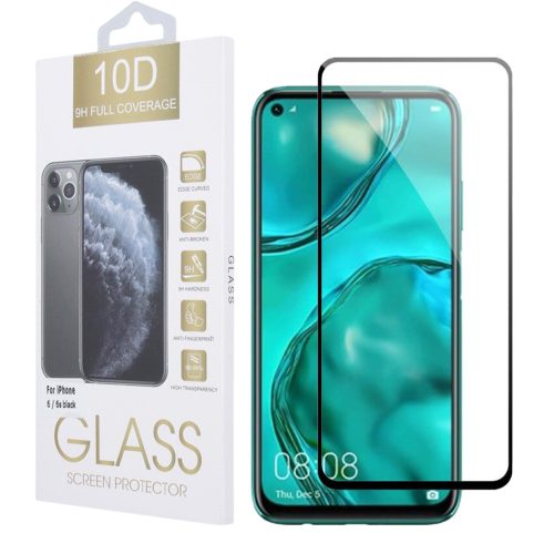 Huawei P40 Lite üvegfólia, tempered glass, előlapi, 10D, edzett, hajlított, fekete kerettel