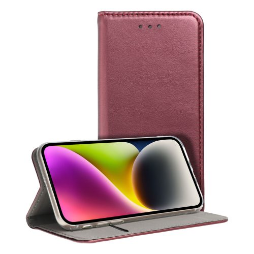 Samsung Galaxy A22 4G könyvtok, fliptok, telefon tok, bankkártyatartós, mágneszáras, bordó, Smart Magnetic