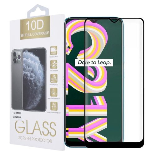 Realme C21Y / C25 / C25Y üvegfólia, tempered glass, előlapi, 10D, edzett, hajlított, fekete kerettel