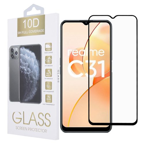 Realme C31 üvegfólia, tempered glass, előlapi, 10D, edzett, hajlított, fekete kerettel