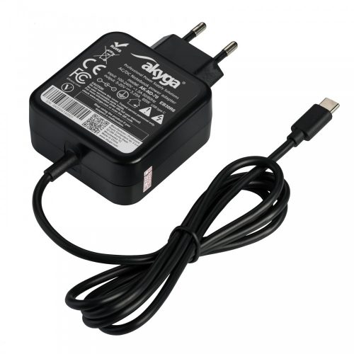 Hálózati töltőfej, adapter + Type-C adatkábel, gyorstöltő, PD és QC3.0, 1.2m, fekete, 20V / 3.25A / 65W, Akyga AK-ND-70