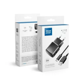  Hálózati töltőfej, adapter + USB-C (Type-C) adatkábel, töltőkábel, 1.13m 2A, fekete, Bluestar