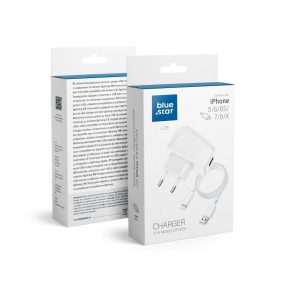  Hálózati töltőfej, adapter + iPhone 8pin, lightning adatkábel, töltőkábel, fehér, 1A, BlueStar Lite