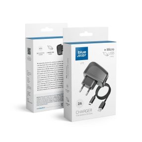   Hálózati töltőfej, adapter + Micro usb adatkábel,töltőkábel, fekete, 2A, BlueStar Lite