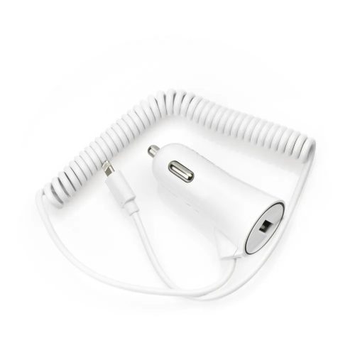 Szivartöltő, autós töltő, USB port + iPhone 8pin, lightning töltőkábel, 3A, fehér, Bluestar
