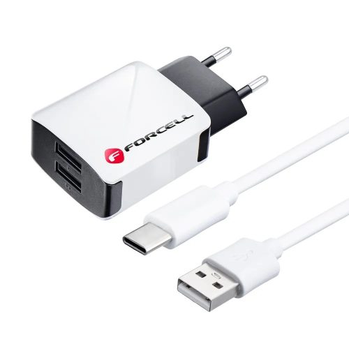 Hálózati töltőfej, adapter, 2 USB port + Type-C adatkábel, töltőkábel, 1m 2A, fekete/fehér, Forcell