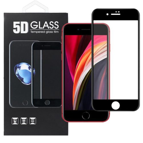 iPhone 7 / 8 / SE 2020 / SE 2022 üvegfólia, tempered glass, előlapi, 5D, edzett, hajlított, fekete kerettel