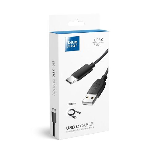 USB-C (Type-C) adatkábel, töltőkábel, USB-USB-C, fekete, 2A 1.2m, BlueStar