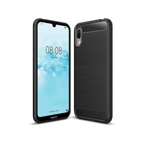 Huawei Y6 2019 szilikon tok, hátlaptok, telefon tok, karbon mintás, fekete, Carbon Case