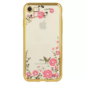   iPhone 11 Pro szilikon tok, hátlaptok, telefon tok, köves, virág mintás, arany keretes, átlátszó