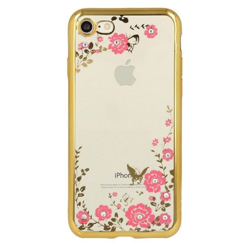iPhone 11 Pro szilikon tok, hátlaptok, telefon tok, köves, virág mintás, arany keretes, átlátszó