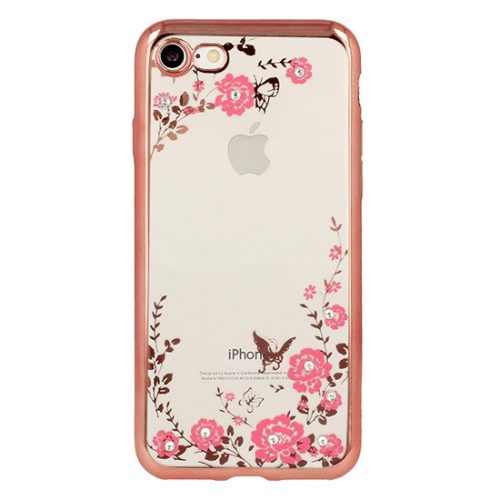 iPhone 11 Pro szilikon tok, hátlaptok, telefon tok, köves, virág mintás, rose gold keretes, átlátszó